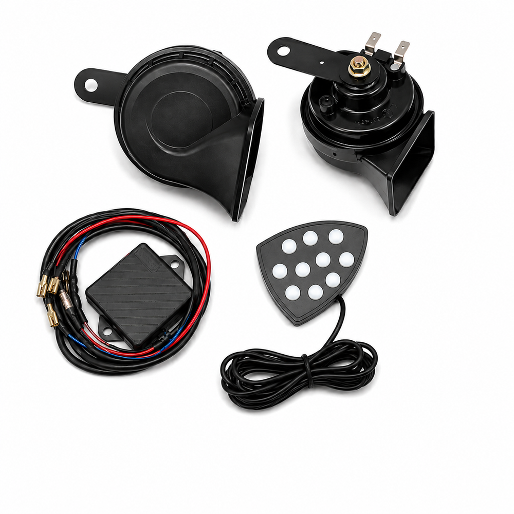 Loud 105 to 118 decibel snail horn system designed to command attention in busy traffic conditions