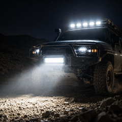 High brightness LED work lamps mounted on truck bumper for enhanced road illumination and heavy duty performance