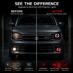 : Dynamic Devil Eyes LED driving lights installed on car front bumper creating eye-catching custom lighting effects