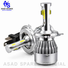 Close-up of H4 C6 LED headlight bulb aluminum heat sink and cooling fan for efficient heat dissipation