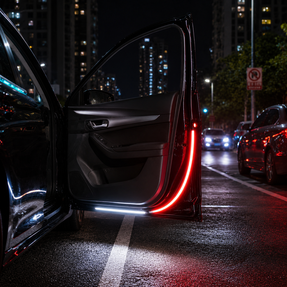 Bright LED door warning light flashing on open vehicle door to improve visibility and help prevent accidents