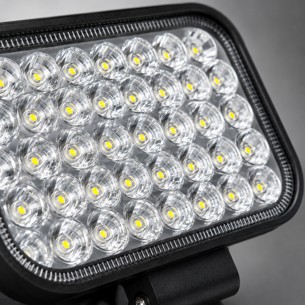 : Close-up of durable aluminum housing 43 LED work light designed for heavy vehicles and demanding environments