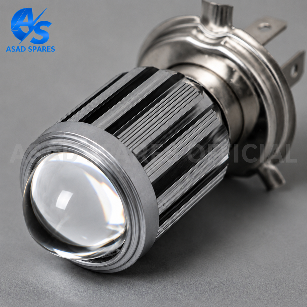 Close-up of durable metal body fish eye mini LED headlight for motorcycles with premium build quality