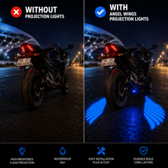 Angel Wing LED projector light mounted under motorcycle chassis for dramatic underglow and premium styling effect