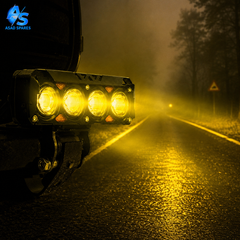 4-bead LED hooded spotlight mounted on motorcycle crash bar for improved night riding safety and aggressive styling