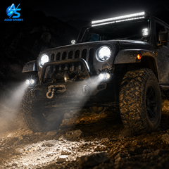 Powerful dual beam motorcycle LED spotlight illuminating dark highway during nighttime riding for safer travel