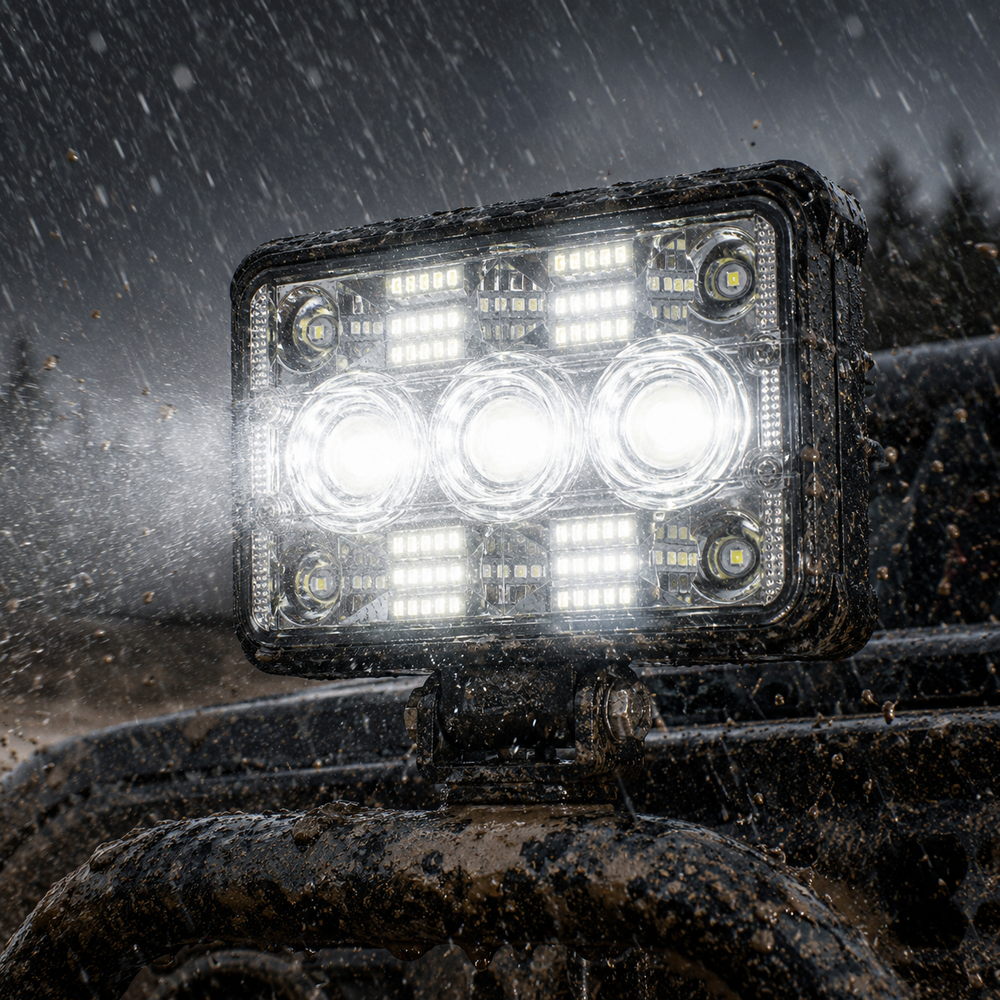 Bright 14 LED work light illuminating construction sites farms and off-road areas during nighttime operations