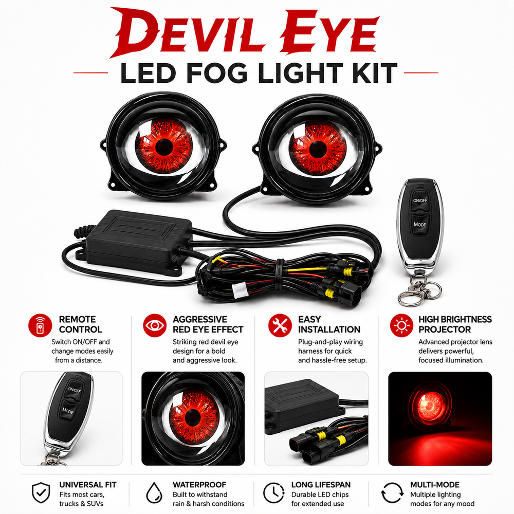 ASAD SPARES 32 mode Devil Eyes LED driving light kit with controller wiring harness brackets and mounting accessories
