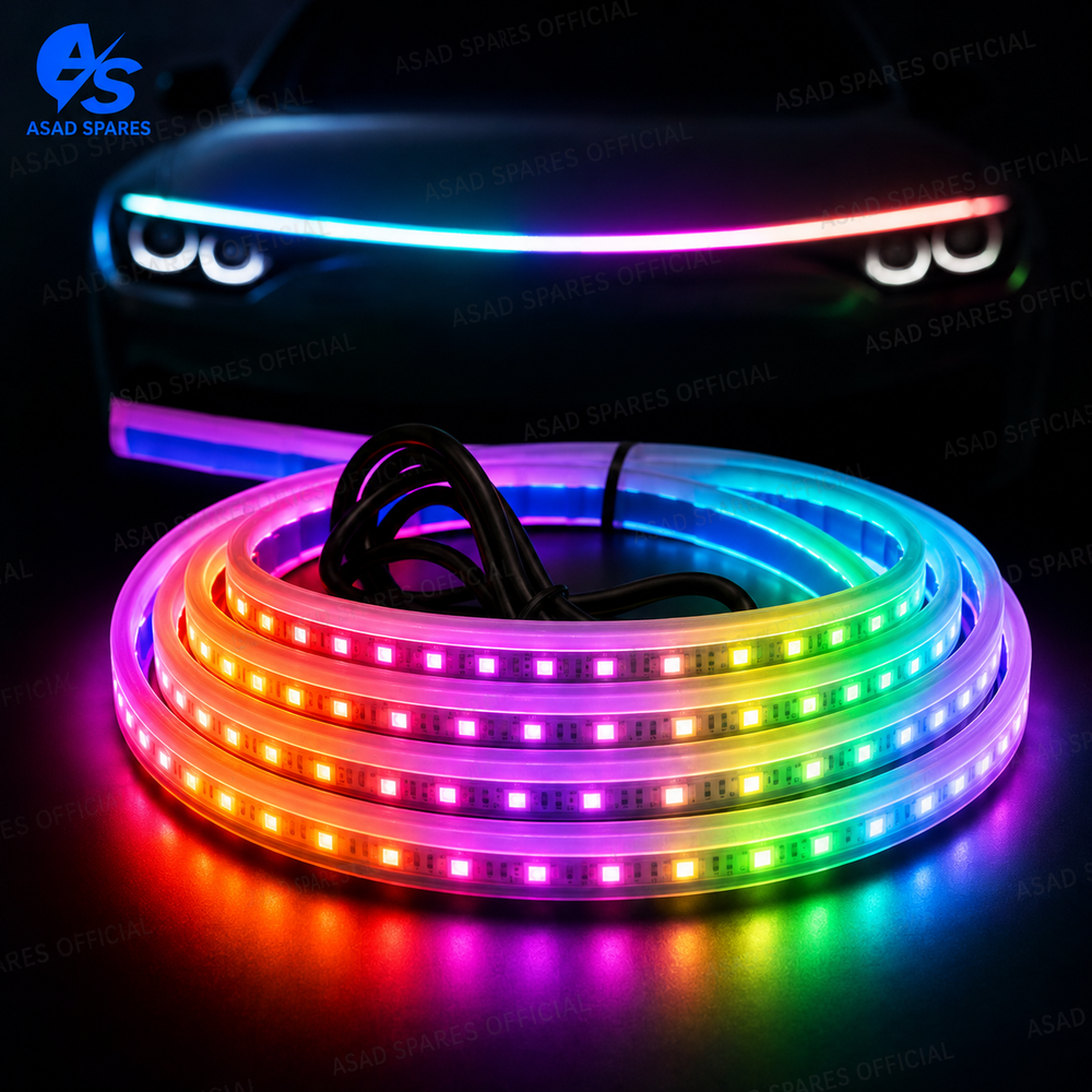 Flexible blue LED hood light strip creating premium daytime running light effect across vehicle front bonnet