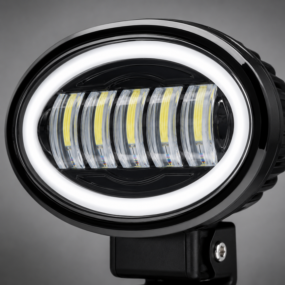 Close-up of oval five-eye LED headlight featuring durable housing and high-transmission projector lenses