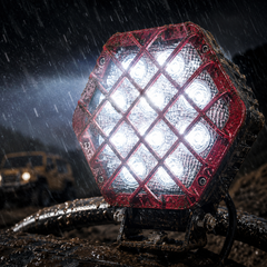 Side profile of ASAD SPARES red LED work light with mounting bracket and protective cover for trucks