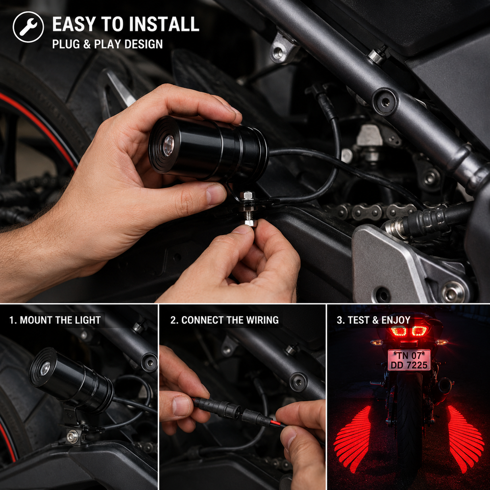 12V Angel Wing projector light installed near motorcycle tail section for enhanced visibility and eye-catching appearance
