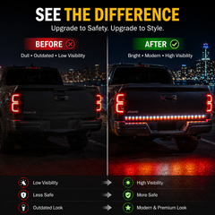 Bright LED brake and reverse tail light bar glowing at night for improved road safety and rear visibility