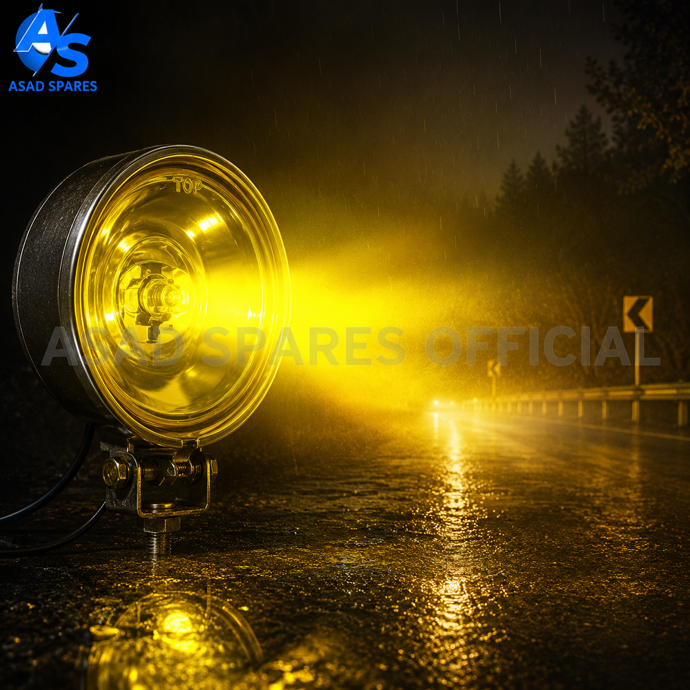 Yellow halogen fog lamp installed on vehicle bumper for improved road visibility and driving safety