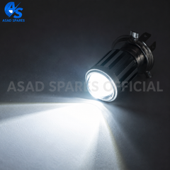 Mini fish eye motorcycle LED headlight displaying dual color white and yellow lighting modes for enhanced road visibility