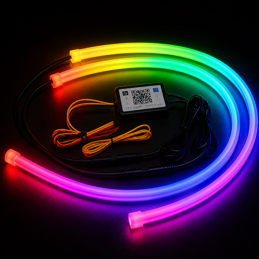 APP controlled RGB LED headlight strip for cars featuring customizable colors and flowing lighting patterns