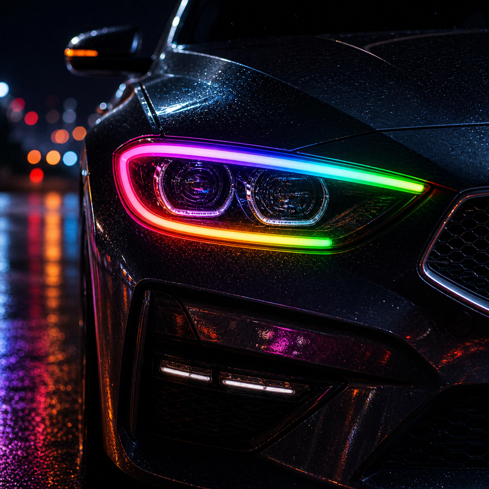 Dynamic chasing LED DRL strip installed on car headlights with vibrant RGB glow and sequential animation