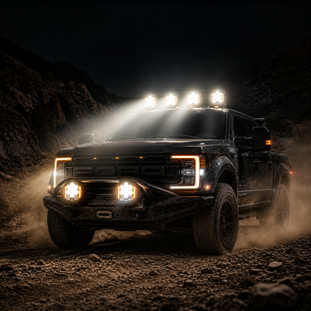 LED work light mounted on truck rooftop off road night driving powerful beam