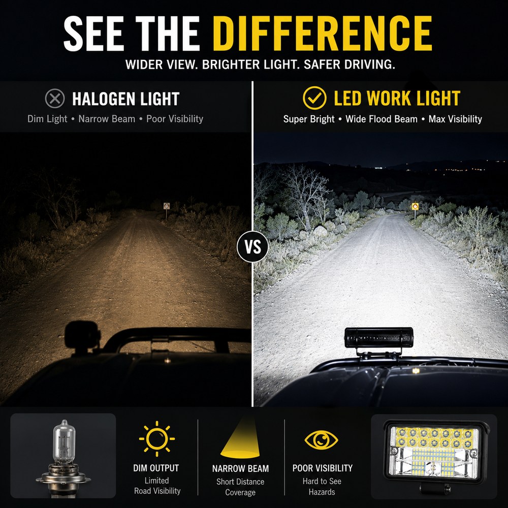 Waterproof 12V 24V LED work light lighting up outdoor construction and job site areas during nighttime operations