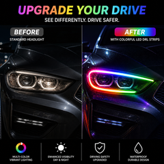 Closeup of RGB LED headlight strip creating premium angel eye effect for stylish automotive lighting upgrade