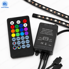 Voice controlled RGB car interior LED lighting kit creating colorful ambient glow inside vehicle cabin