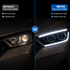 Waterproof dual color LED DRL strip glowing at night on vehicle headlights for enhanced road visibility and style