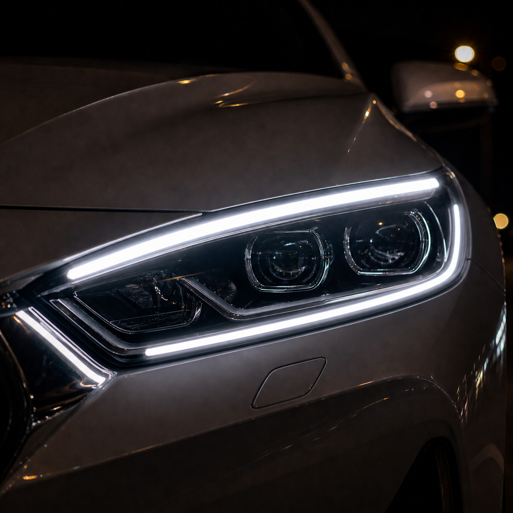 Closeup of white and amber dual color LED DRL strip featuring flexible waterproof and dustproof design