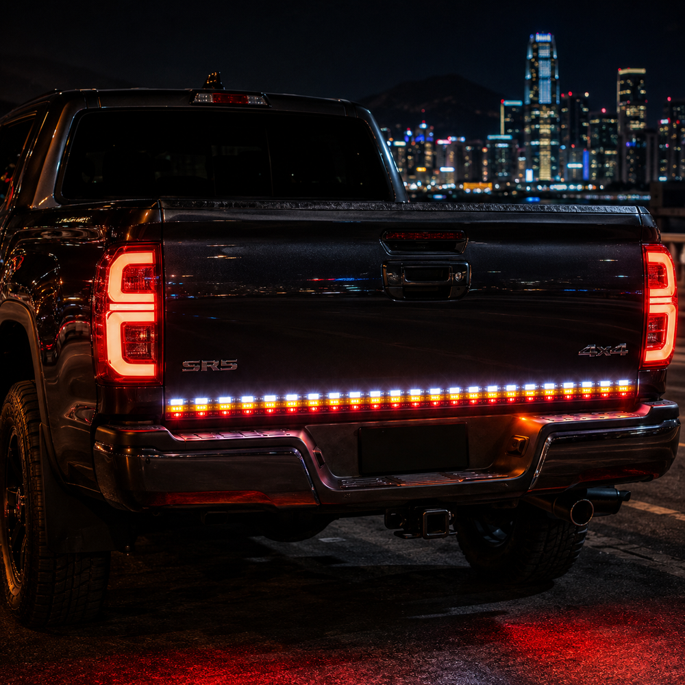 Universal LED tail light strip mounted on trailer and car rear for brake reverse and signal lighting functions