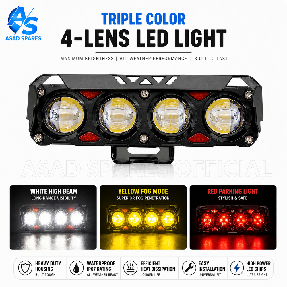 Close-up of 4-bead LED spotlight featuring hooded lens design and dual color Devil Eyes illumination technology