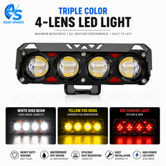 Close-up of 4-bead LED spotlight featuring hooded lens design and dual color Devil Eyes illumination technology