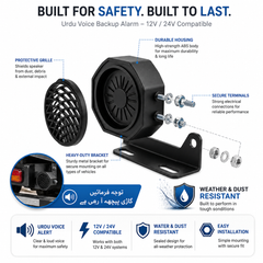Universal fit Urdu voice backup alarm compatible with trucks trailers buses loaders forklifts and commercial vehicles