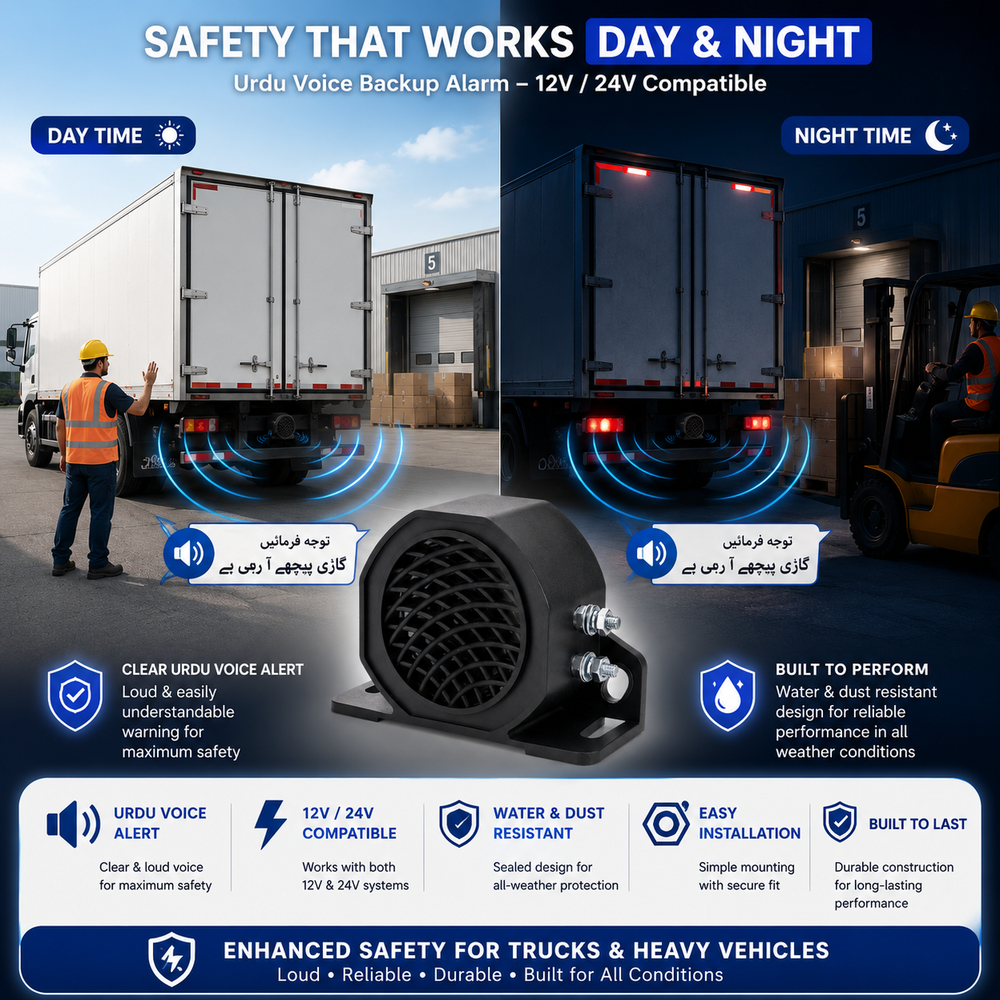 Heavy duty waterproof Urdu voice backup alarm designed for trucks buses trailers and construction vehicles