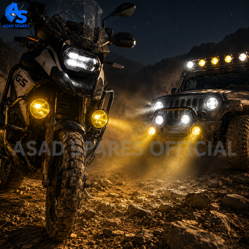 Yellow beam halogen fog light cutting through dense fog and low visibility conditions for safer driving