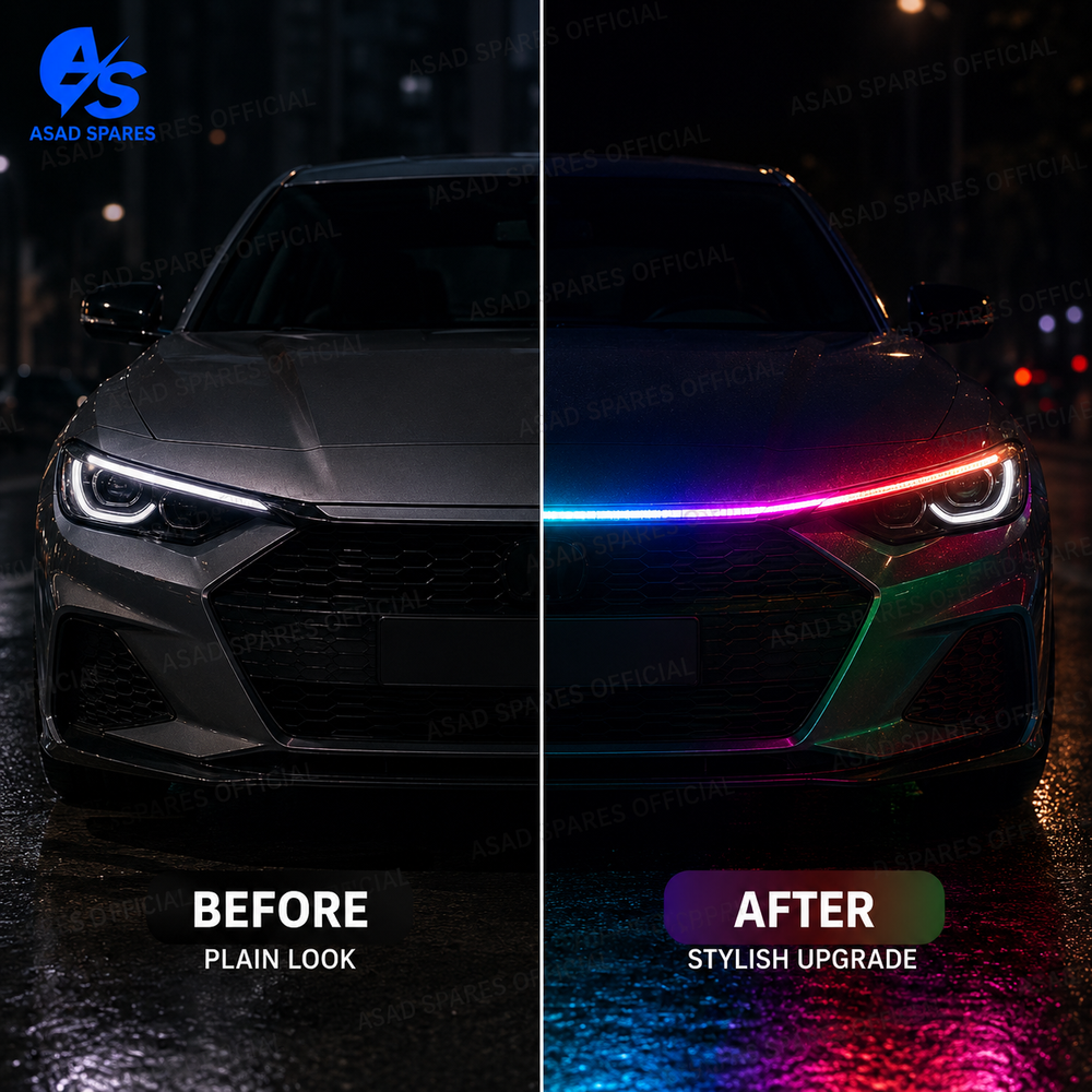 Blue LED hood strip illuminating vehicle front end at night with stylish premium ambient glow