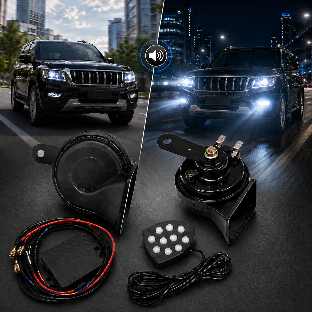 Complete 10 sound horn package including controller module relay wiring harness and mounting hardware