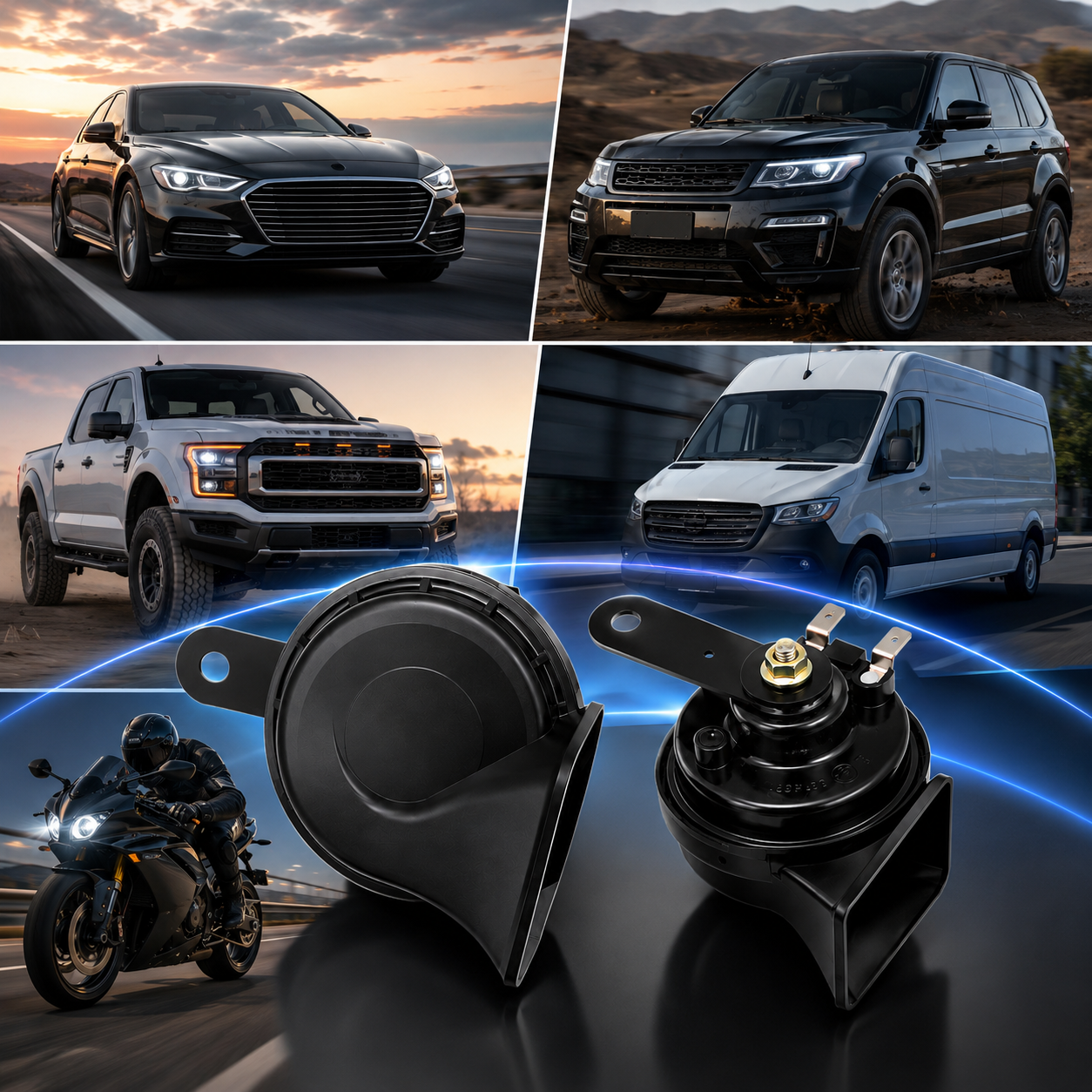 Multi sound snail horn featuring 10 selectable horn sounds for cars trucks SUVs and motorcycles