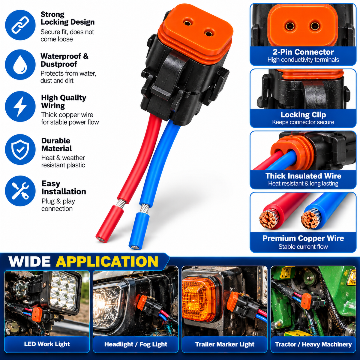 2-Pin Heavy-Duty Automotive Electrical Connector with Wires