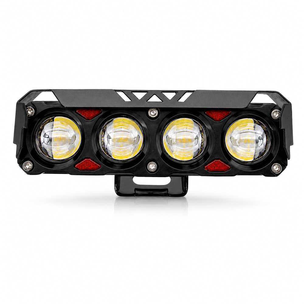 ASAD SPARES 4-bead LED hooded spotlight with Devil Eyes yellow and white dual light ring for motorcycles front product view