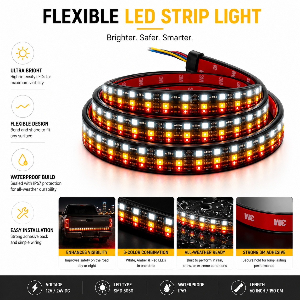 ASAD SPARES LED tail light bar package with adhesive backing wiring kit and installation accessories for vehicles
