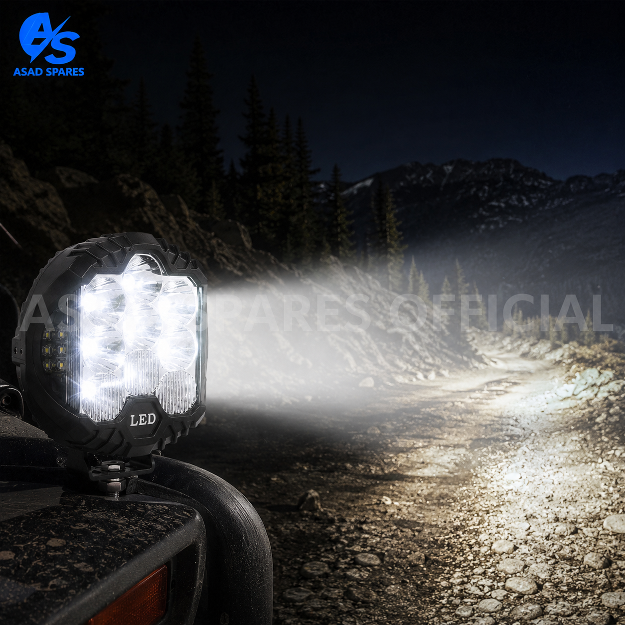 Powerful LED driving lights displaying bright amber daytime running lights for enhanced off-road visibility and styling
