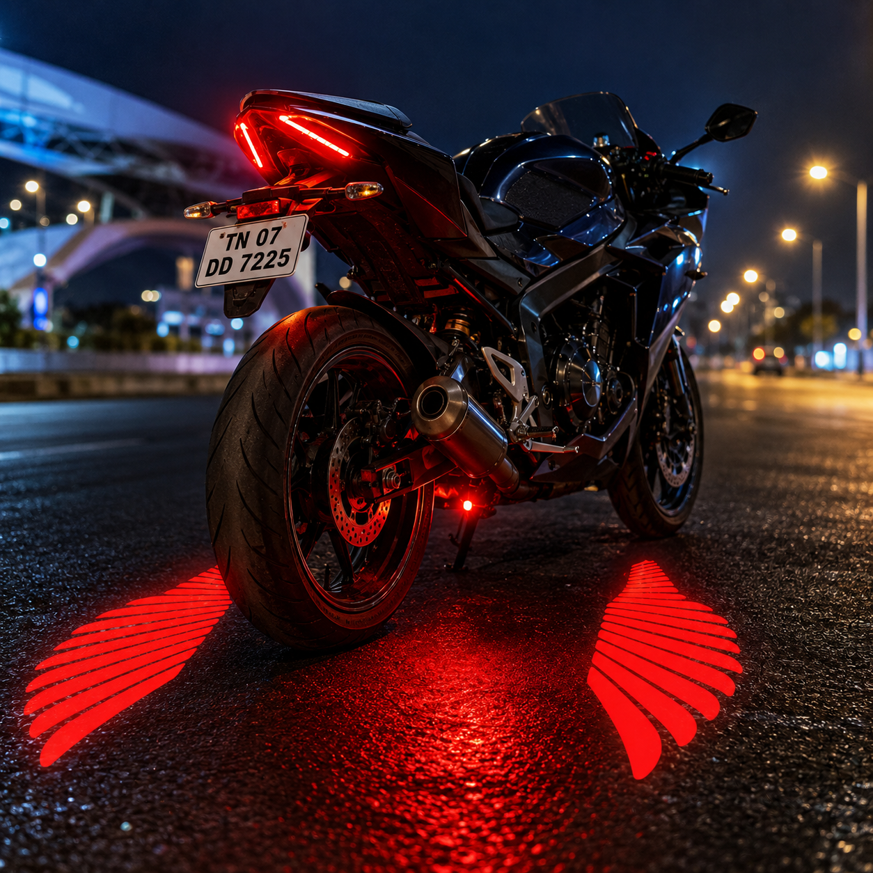 Angel Wing LED projector light creating unique illuminated wing pattern for motorcycles and custom vehicle builds
