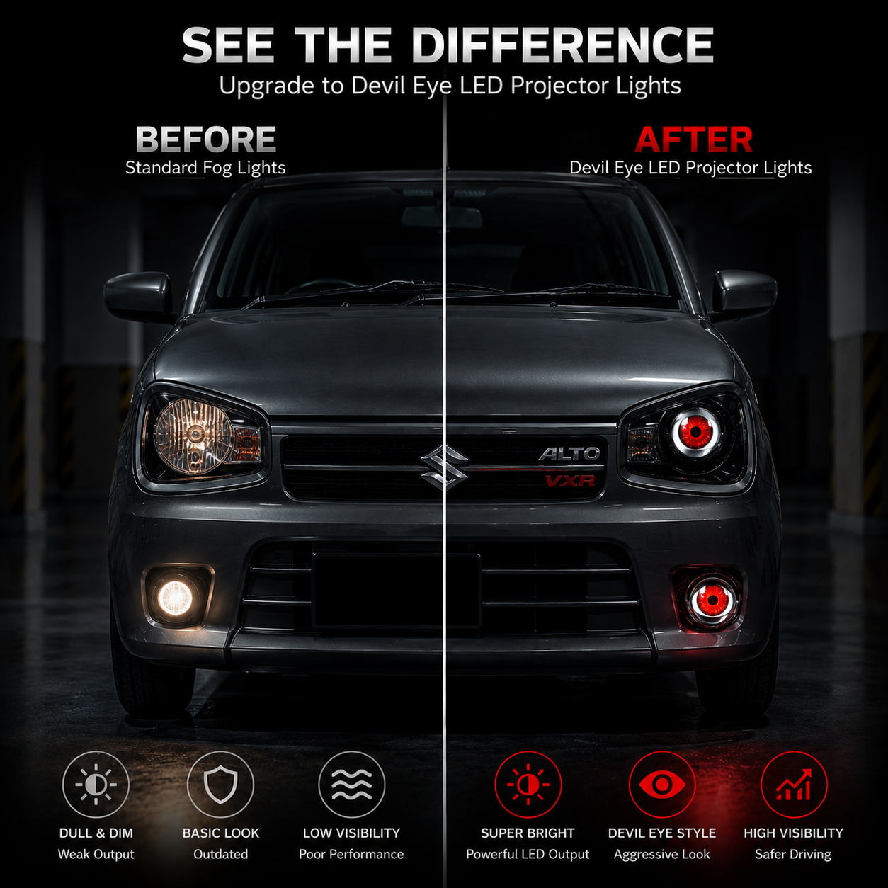 : Dynamic Devil Eyes LED driving lights installed on car front bumper creating eye-catching custom lighting effects