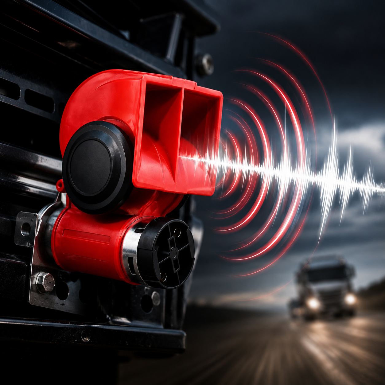 Red dual tone electrical horn installed behind car grille for upgraded vehicle horn performance and style