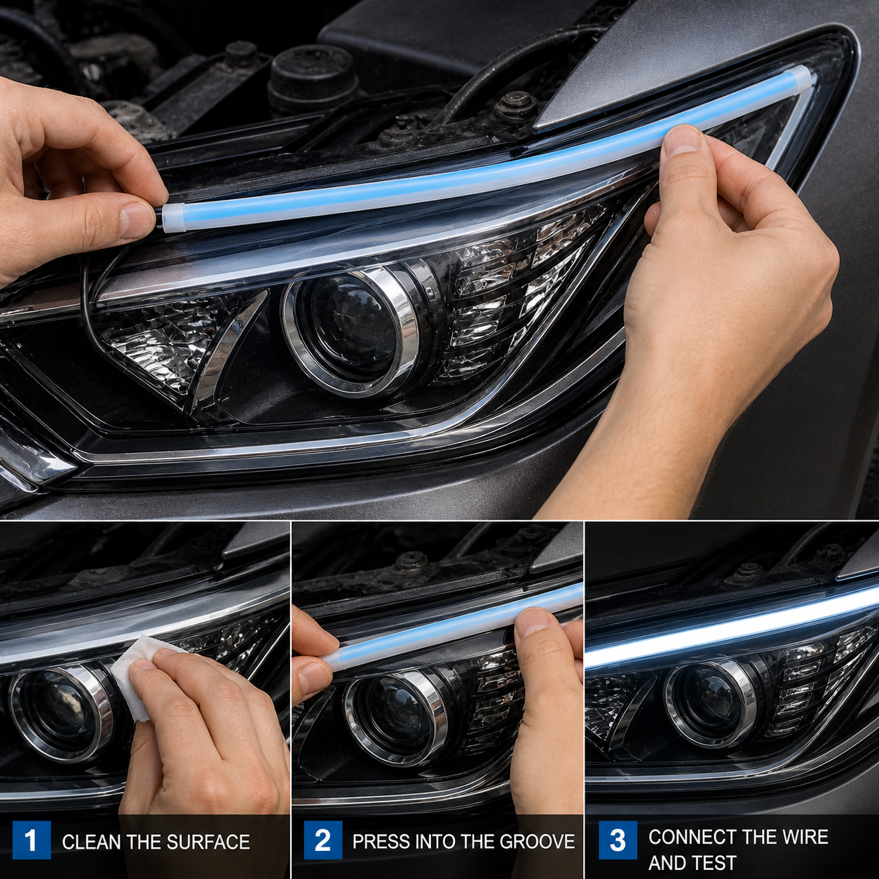 Universal fit flowing LED DRL strip for cars SUVs and trucks with flexible white amber daytime running light effect