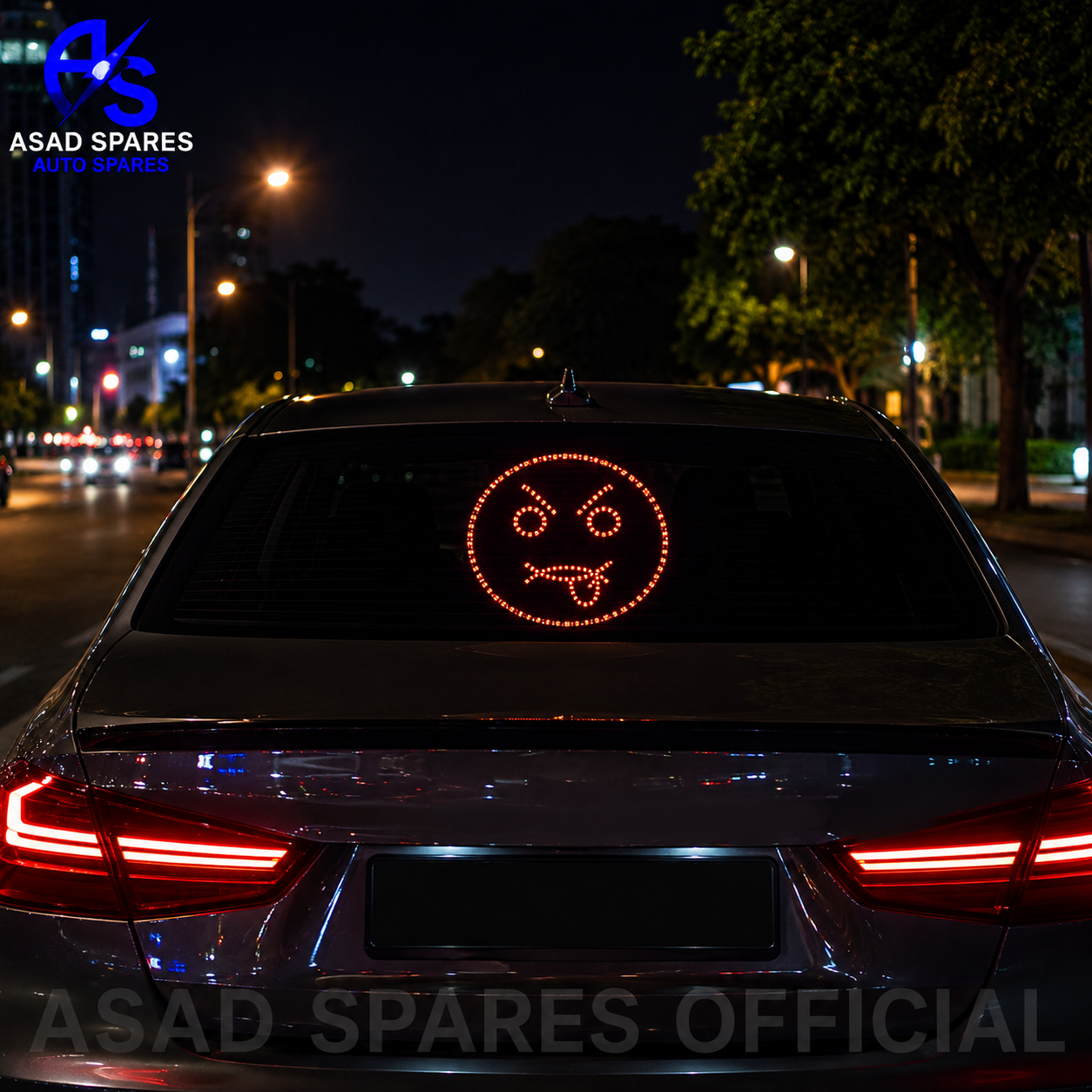 ASAD SPARES LED smiley expression rear window light with animated warning display for cars SUVs and trucks front view