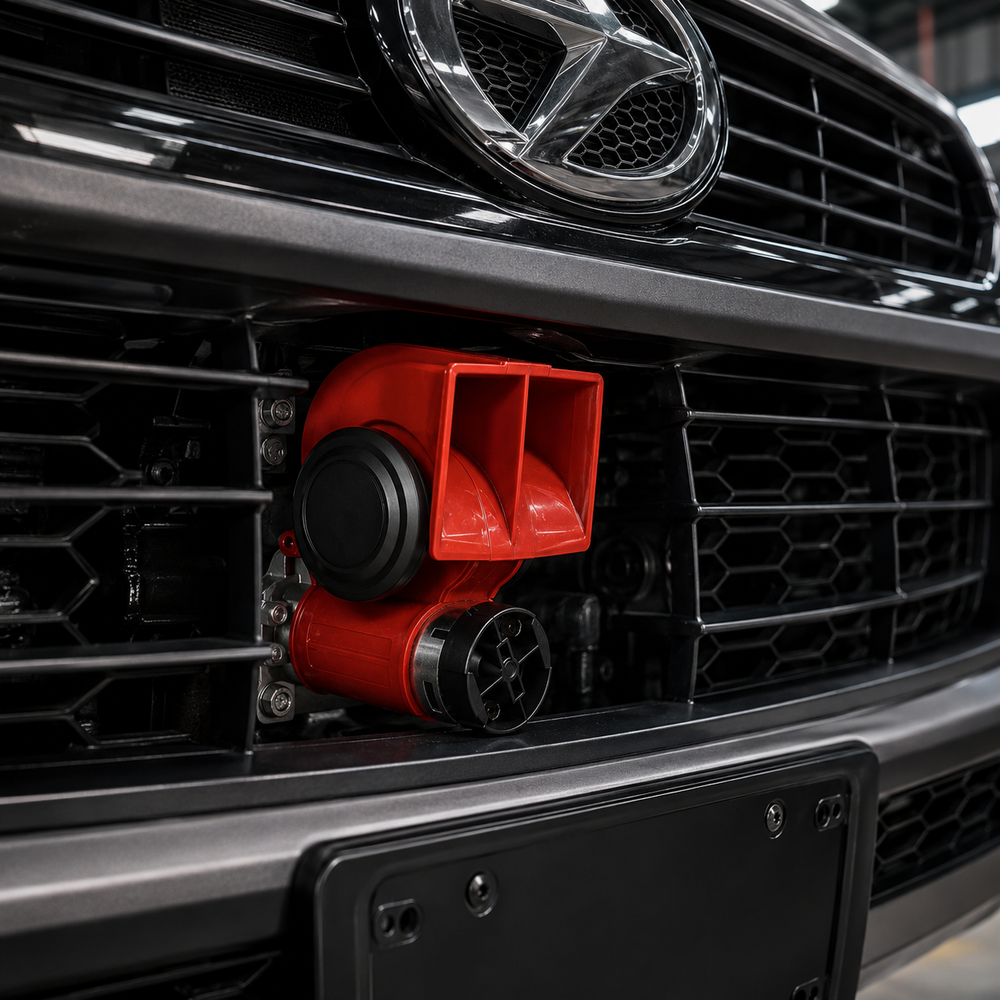 Close-up of durable red metal housing dual tone electrical horn with heavy duty construction for long lasting use