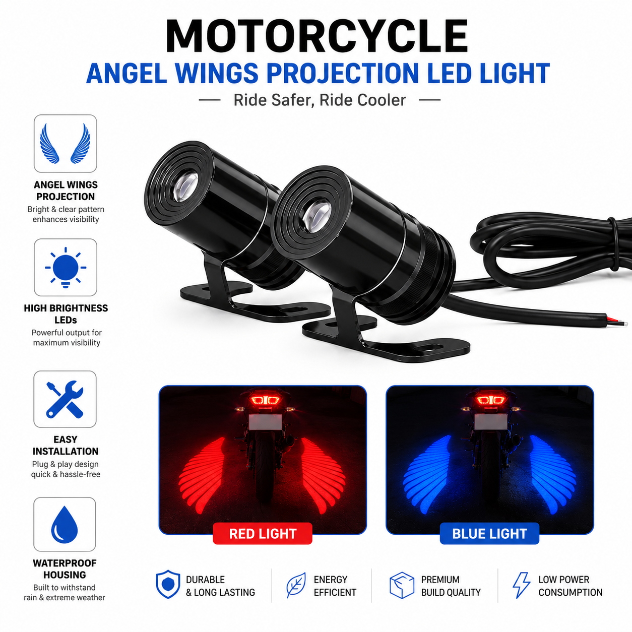 Compact waterproof Angel Wing LED projector light built for motorcycles scooters and custom automotive applications