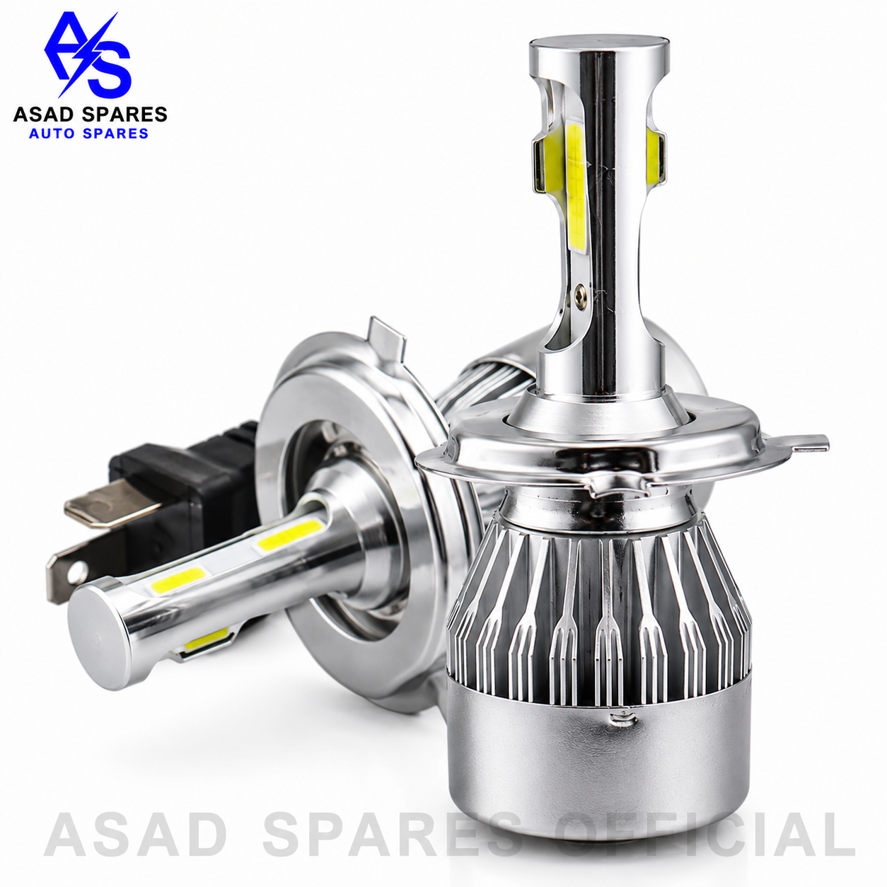 Close-up of H4 C6 LED headlight bulb aluminum heat sink and cooling fan for efficient heat dissipation