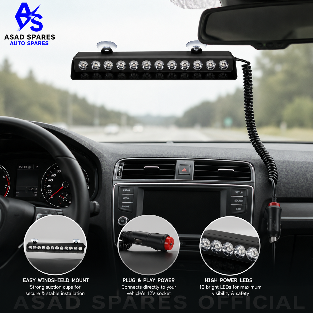 12V LED dash light installed along vehicle dashboard creating a modern ambient lighting effect inside the cabin