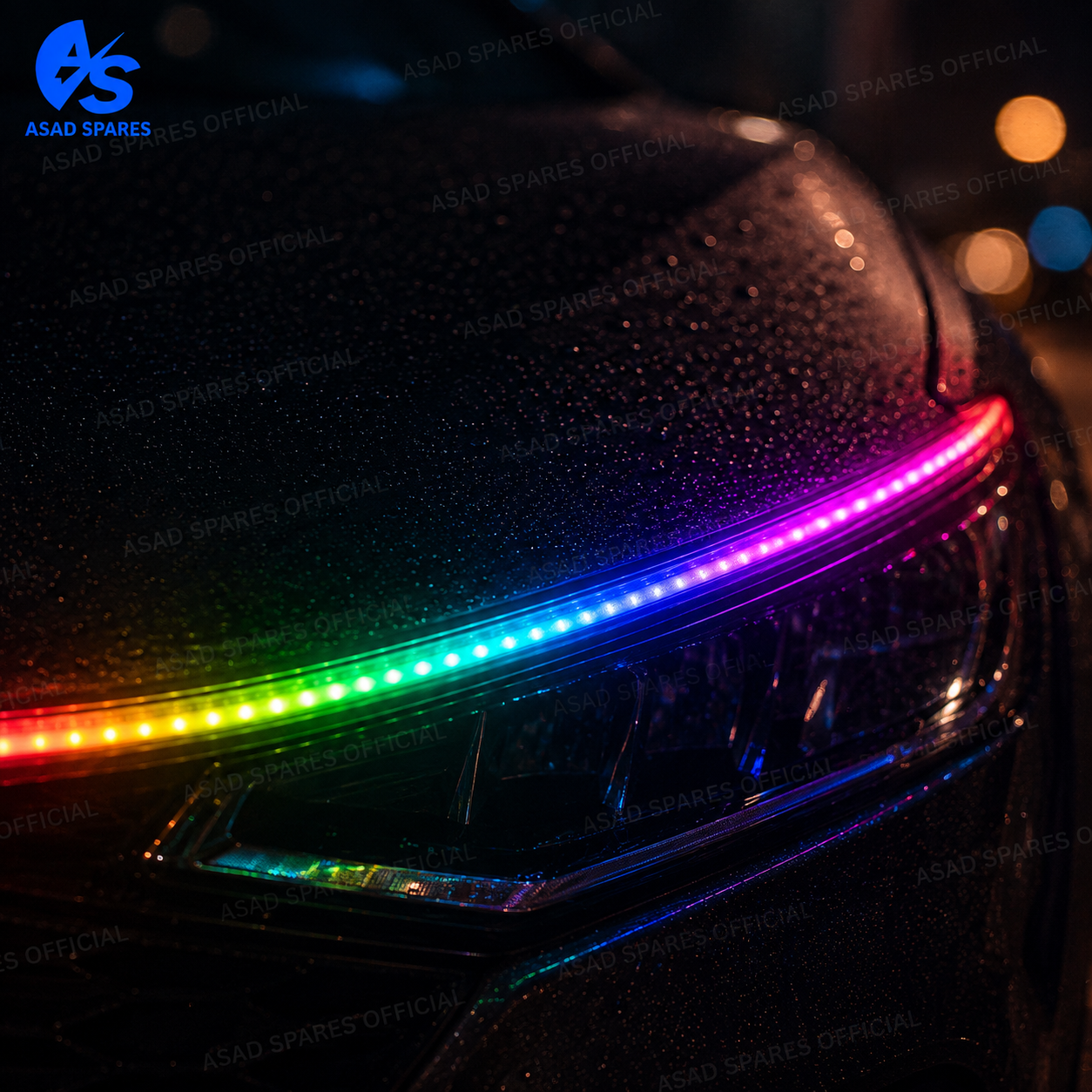 Bright blue LED hood light operating as daytime running light for improved road presence and safety